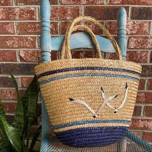 Large Handwoven Straw Tote with Seagull Motif